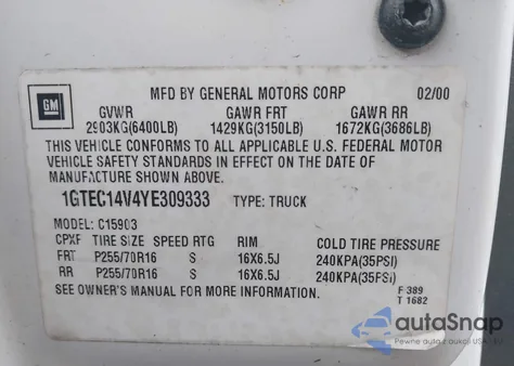 2000 GMC Sierra 1500 Sl from USA, damaged, VIN 1GTEC14V4YE309333